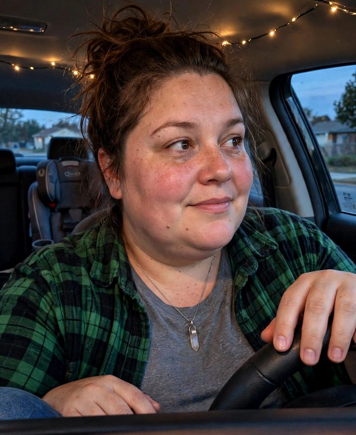 Echo in the driver&rsquo;s seat of her car, where she does most of her readings