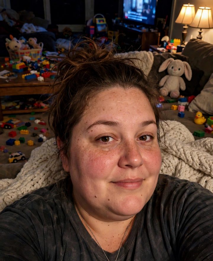 Echo at home on the couch, kids&rsquo; toys spread out behind her